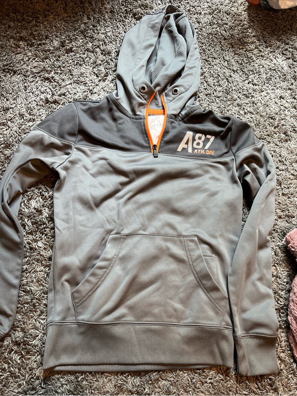 Aeropostale Men's Gray Two-Tone A87 Half-Zip Hooded Sweater with Orange Trim